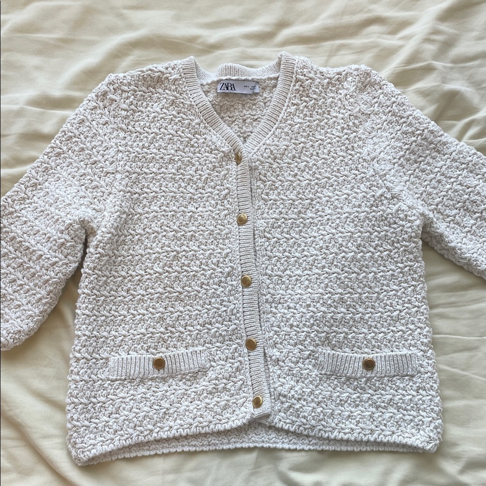 Zara Women's METALLIC THREAD KNIT CARDIGAN in Ecru